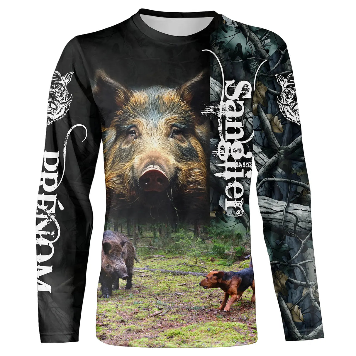 T-shirt all-over chasse sanglier battue, motif scène de chasse et lettrage, accessoire personnalisable