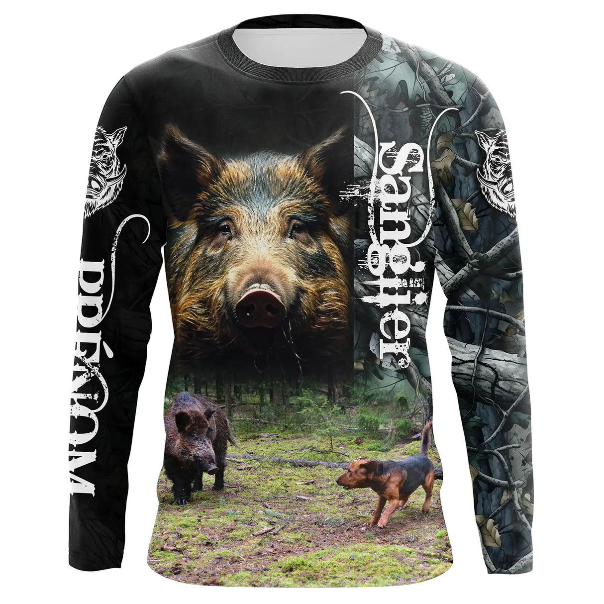 T-shirt UV chasse sanglier battue vue de face design action chiens meute, coupe unisexe personnalisable chasseur