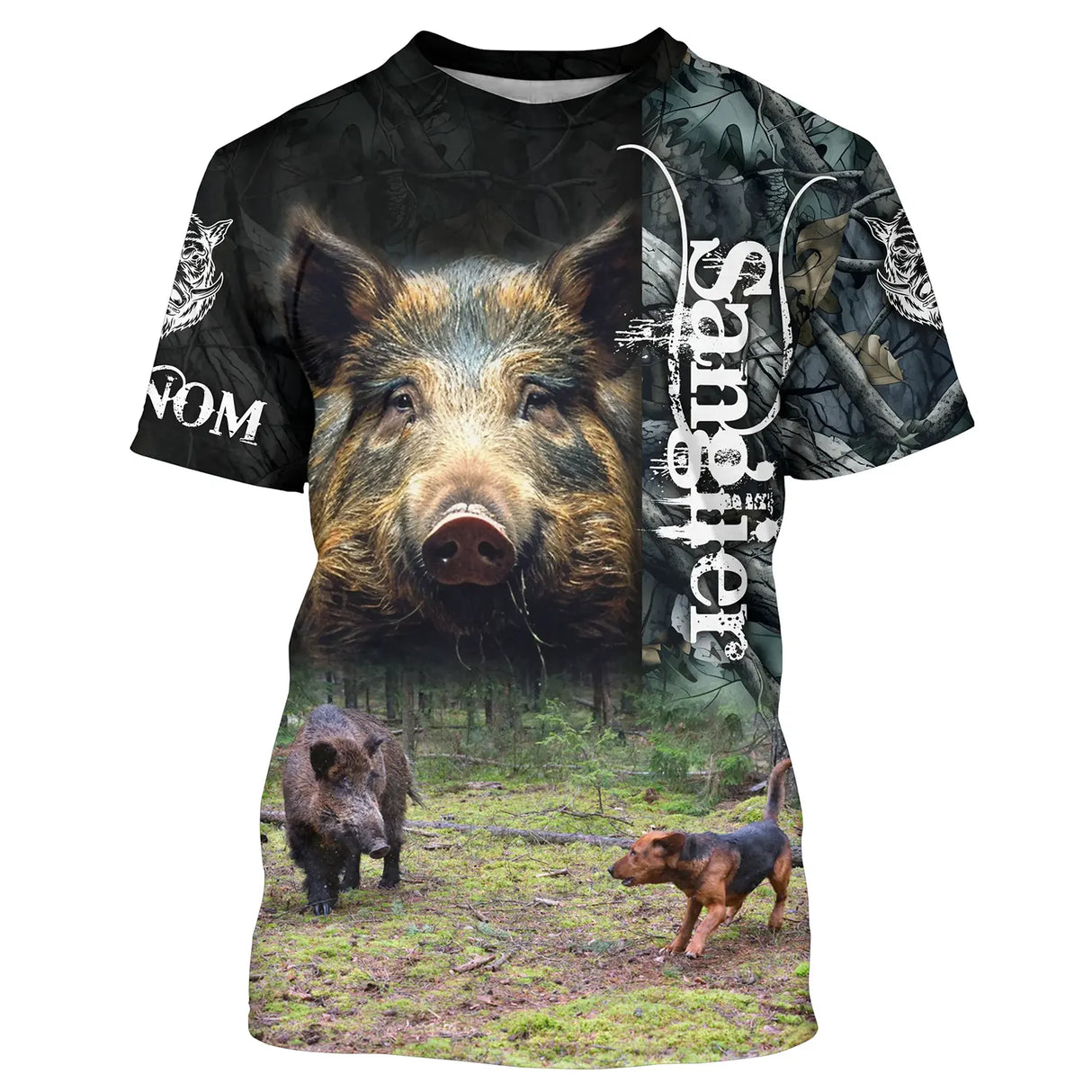 Sweat à capuche chasse sanglier battue, scène clairière sanglier et chiens, vêtement chaud pour société de chasse