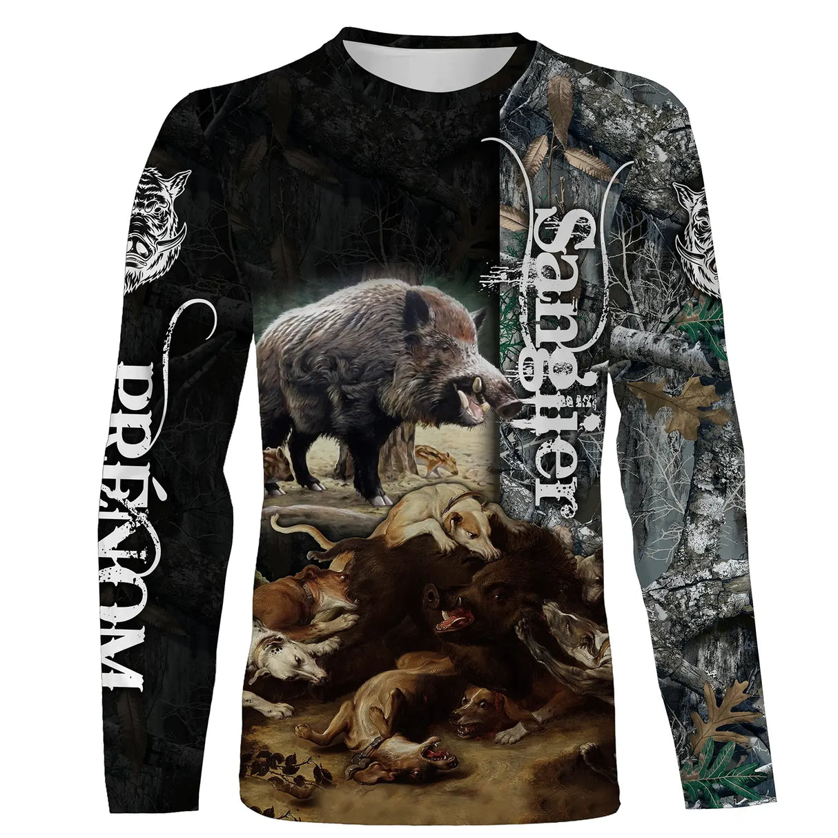 T-shirt chasse sanglier mêlée chiens vue de face design action intense, coupe unisexe personnalisable veneur
