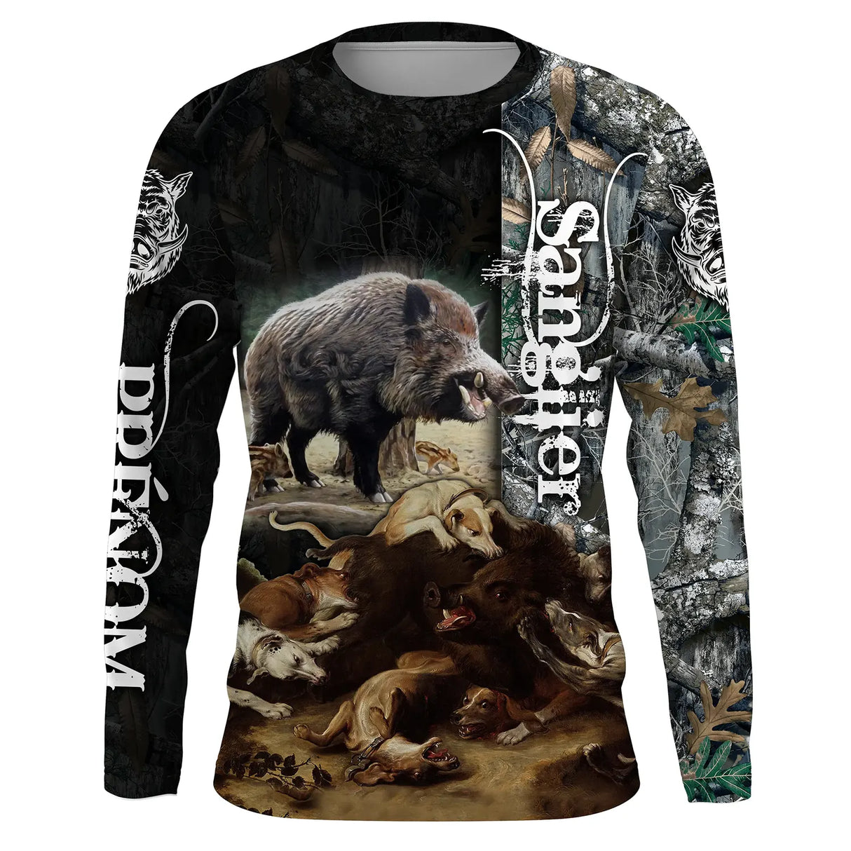 T-shirt anti UV chasse sanglier mêlée chiens, motif scène d action et lettrage, accessoire personnalisable