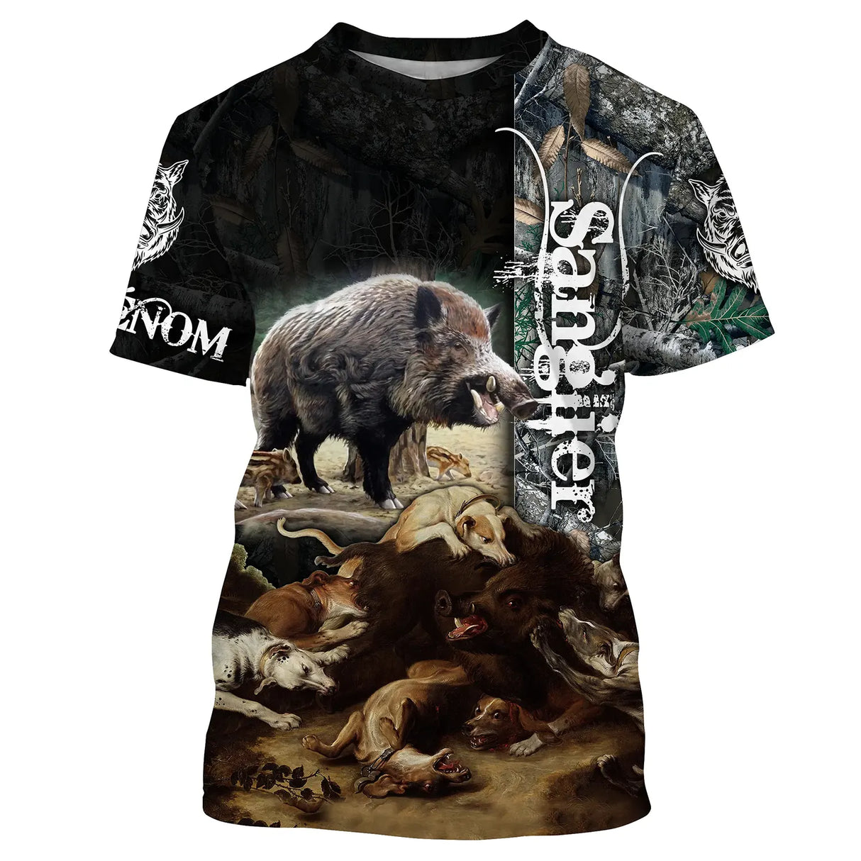 T-shirt chasse sanglier avec sanglier hérissé entouré d une mêlée de chiens de chasse sur fond noir et camouflage orange