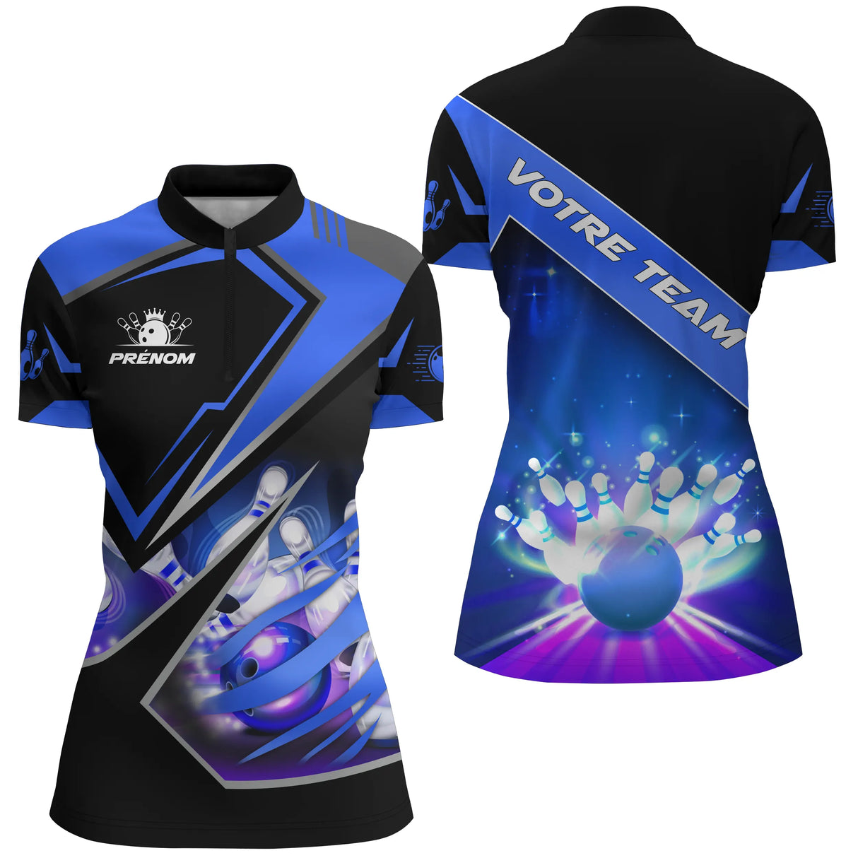 Polo Zippé Femme bowling personnalisé bleu profond avec quilles éclats de lumière et team