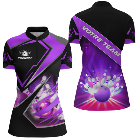 Maillot de Bowling Personnalisé Femme/Homme – Design Dynamique Équipe & Prénom - A05092401 - Polo femme violet