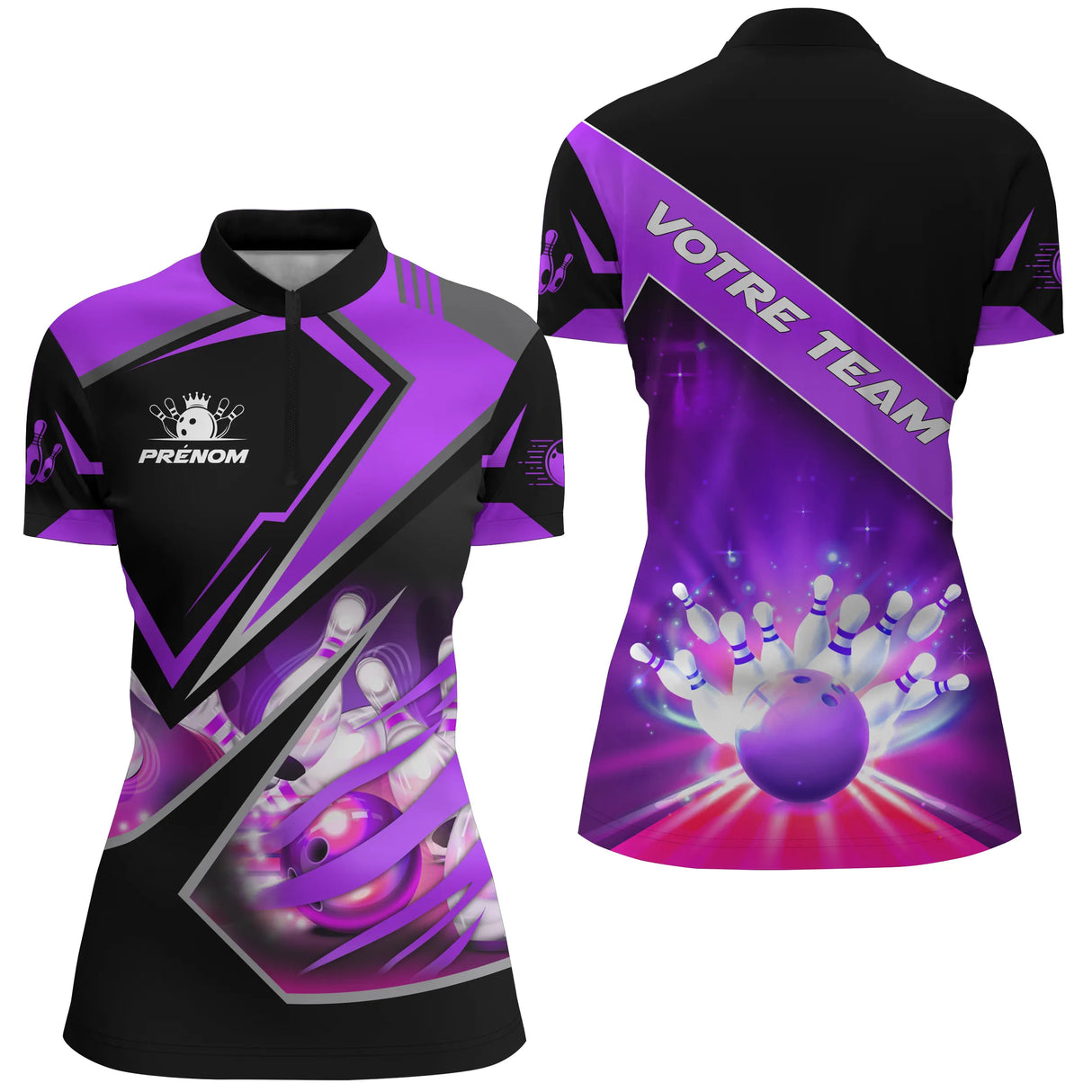 Polo Zippé Femme bowling personnalisé violet design strike lumineux et nom team au dos