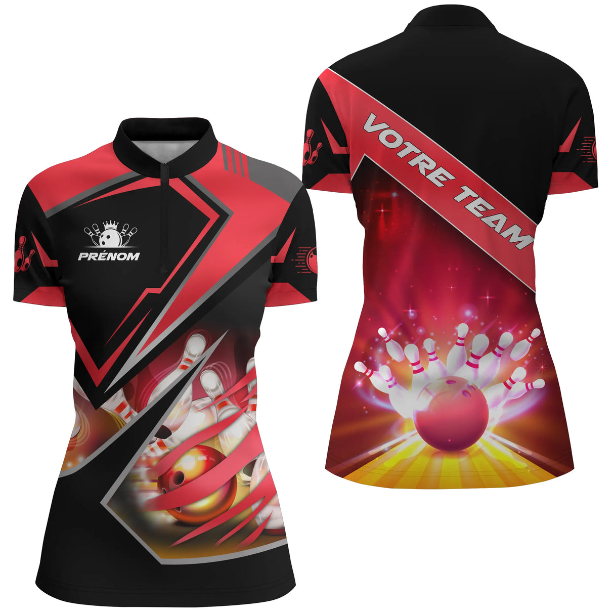 Polo Zippé Femme bowling personnalisé rouge dynamique boule frappant quilles et prénom