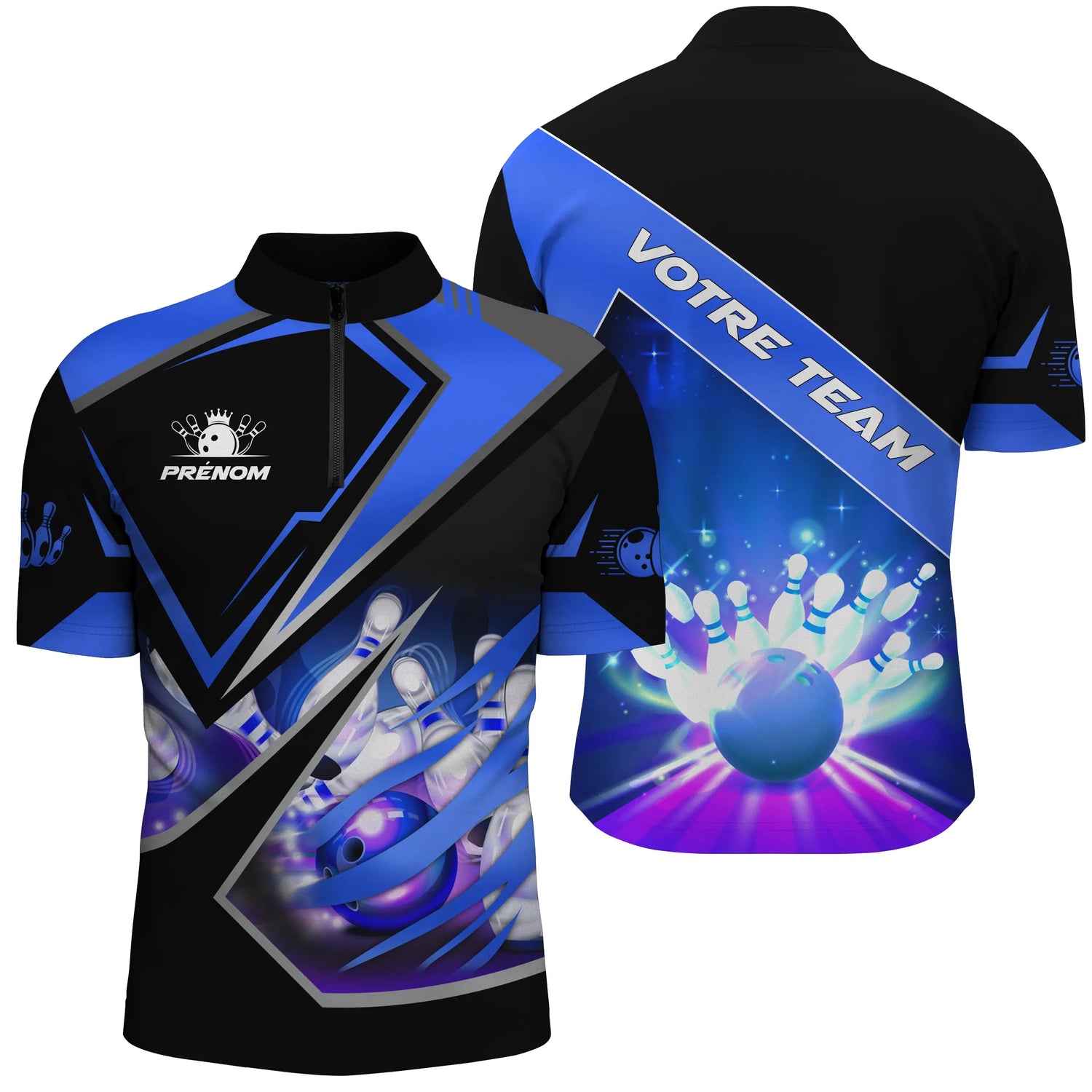 Maillot de Bowling Personnalisé Femme/Homme – Design Dynamique Équipe & Prénom - A05092401 - Polo homme bleu