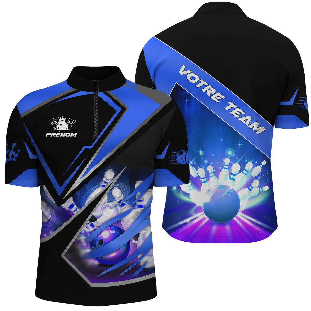Polo Zippé Homme bowling personnalisé bleu profond avec quilles boule strike et prénom au torse
