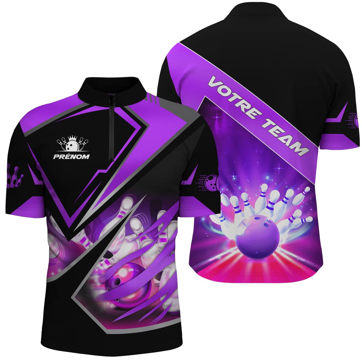 Polo Zippé Homme bowling personnalisé violet intense avec strike et nom équipe au dos