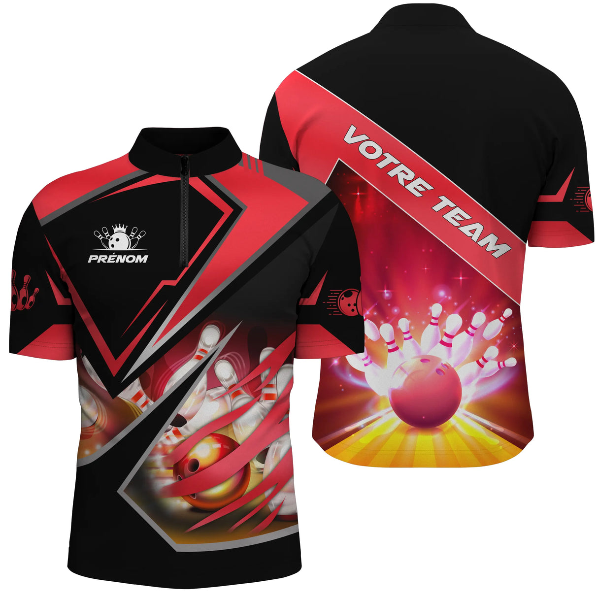 Polo Zippé Homme bowling personnalisé rouge éclatant design dynamique quilles et boule lumière