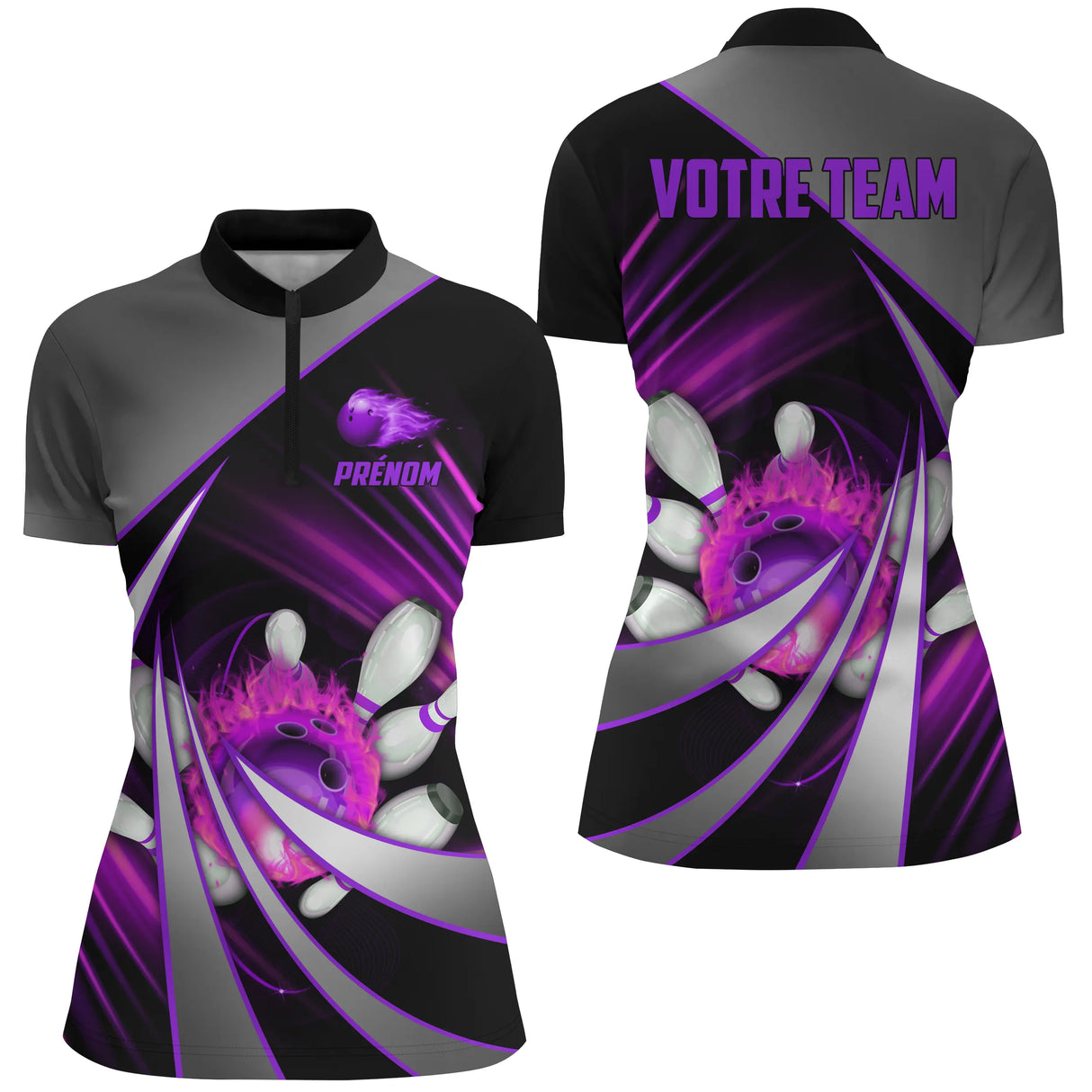 Polo zippé bowling personnalisé femme gris et rouge en coupe ajustée avec rayons dynamiques et flamme rouge
