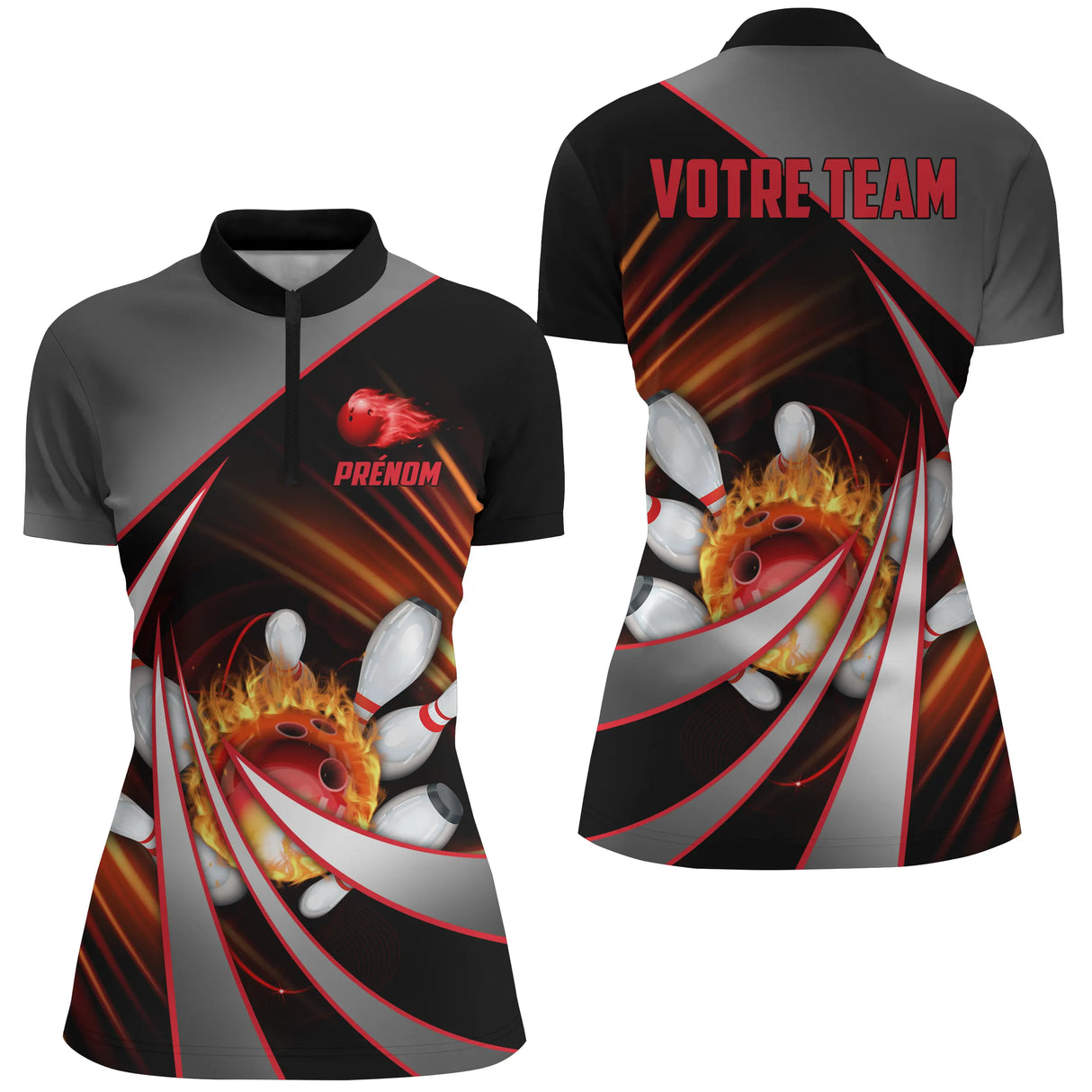 Polo zippé bowling personnalisé homme gris et rouge avec rayons cinéma et boule rouge enflammée