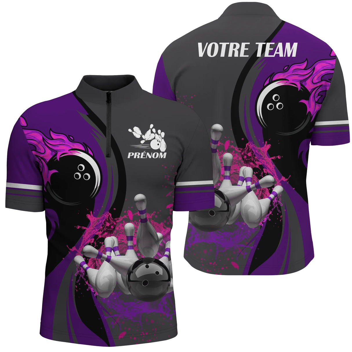 Polo zippé bowling personnalisé femme bordeaux en coupe ajustée avec flamme jaune et quilles projetées