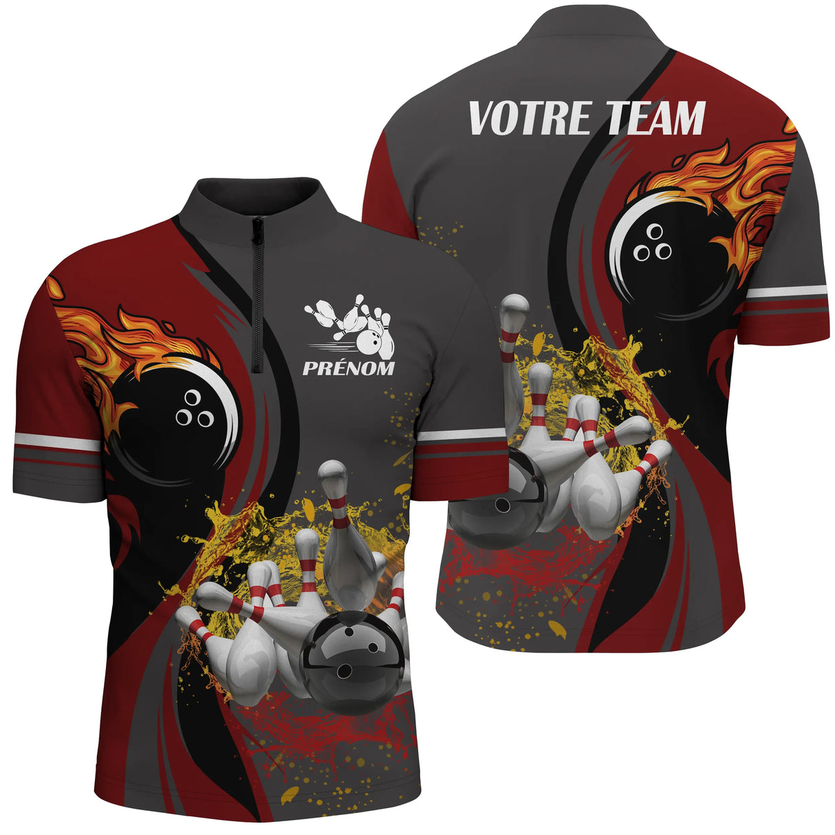 Polo zippé bowling personnalisé homme bordeaux et gris avec flamme jaune, boule noire et quilles éclaboussées