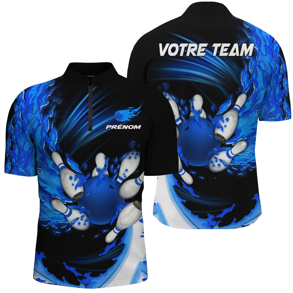 Polo zippé bowling personnalisé homme bleu vif avec vortex de flammes bleues et boule bleue centrale