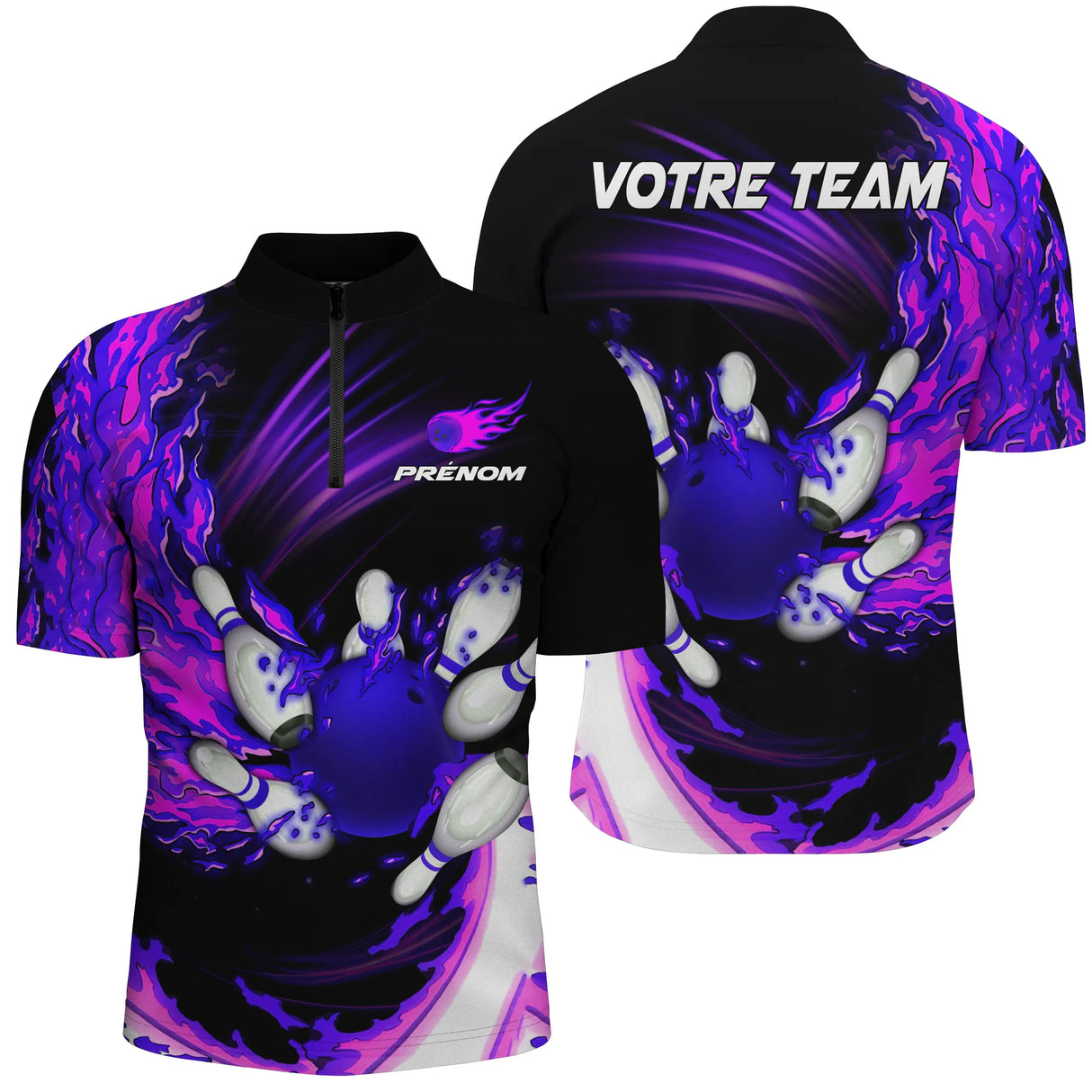 Polo zippé bowling personnalisé femme bleu en coupe ajustée avec vortex de flammes et quilles projetées