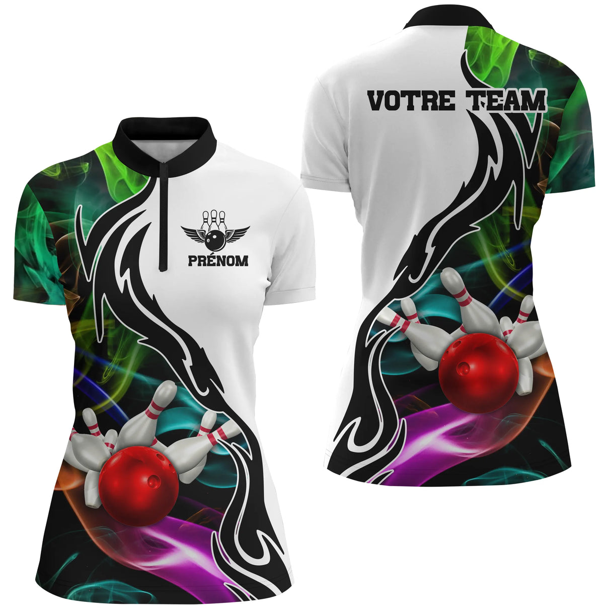 Polo Zippé Femme bowling personnalisé multicolore vert violet noir design flamme dragon et nom team
