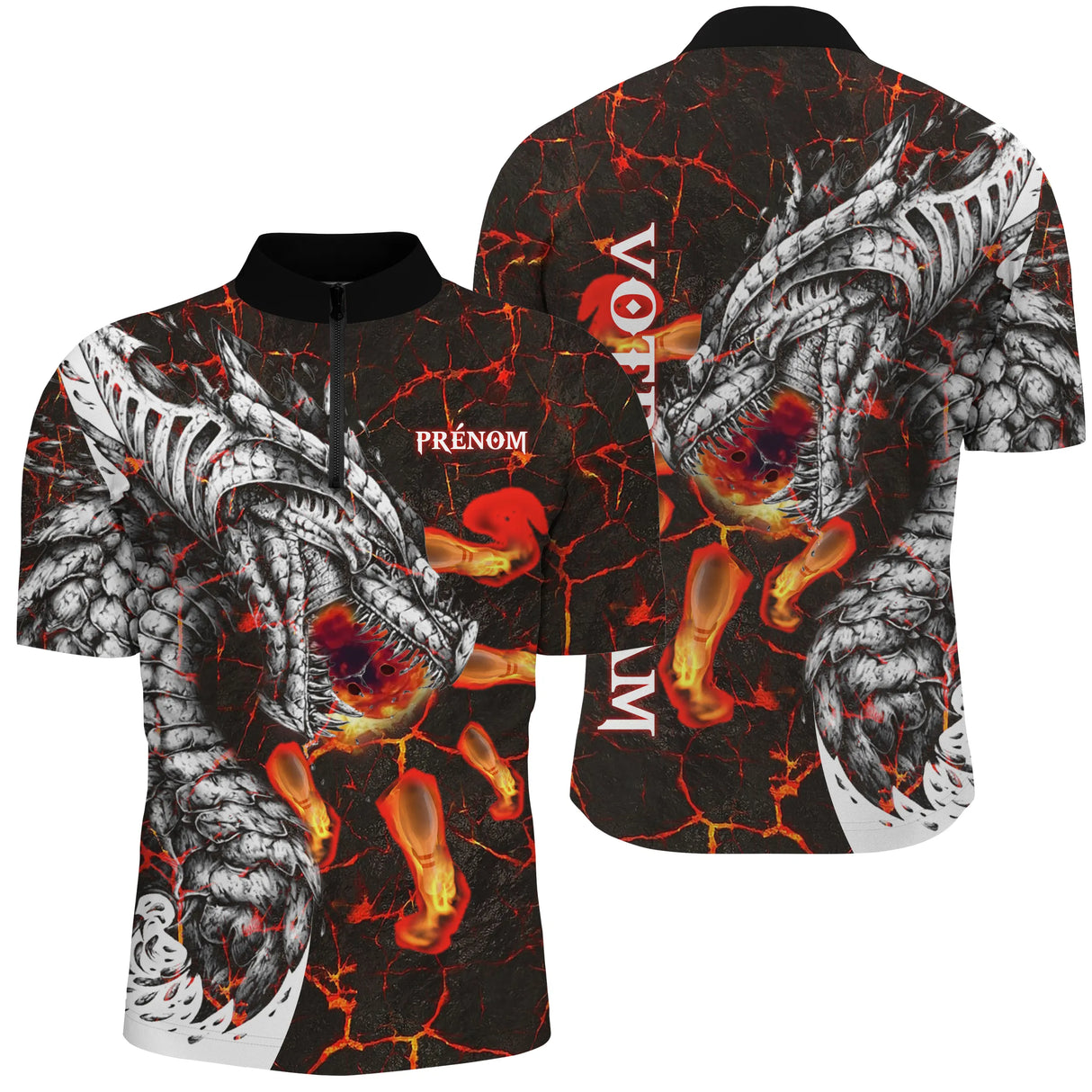 Polo Homme esport personnalisé rouge et noir avec dragon mécanique blanc lave et prénom au torse