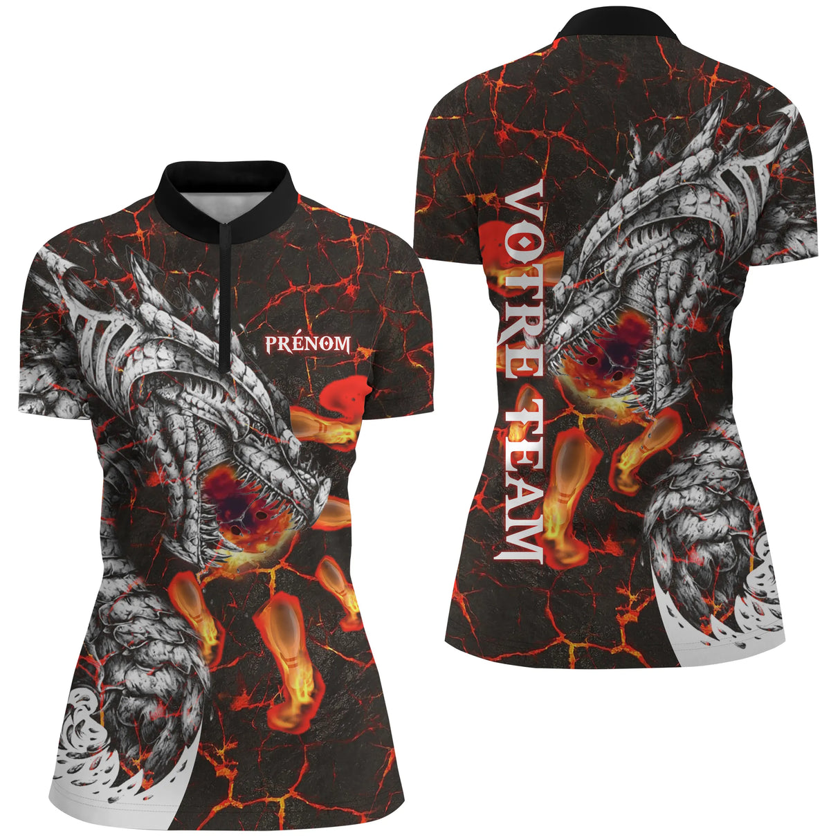 Polo Femme esport personnalisé rouge lave design dragon blanc et nom d'équipe gaming au dos
