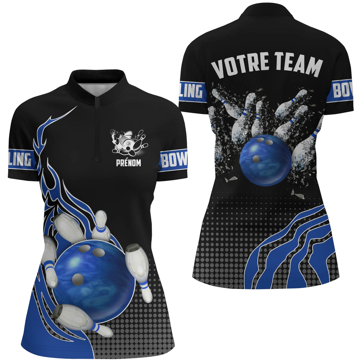Polo Zippé Femme bowling personnalisé bleu avec flammes et boule centrale prénom et team
