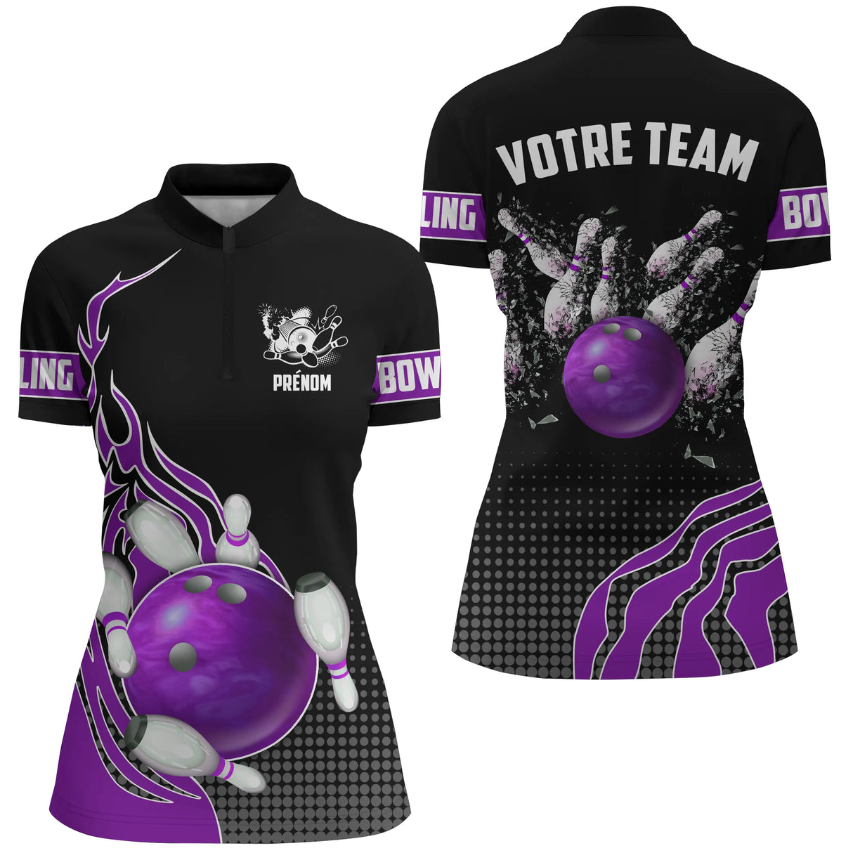 Polo Zippé Femme bowling personnalisé violet design boule de bowling et nom d'équipe au dos