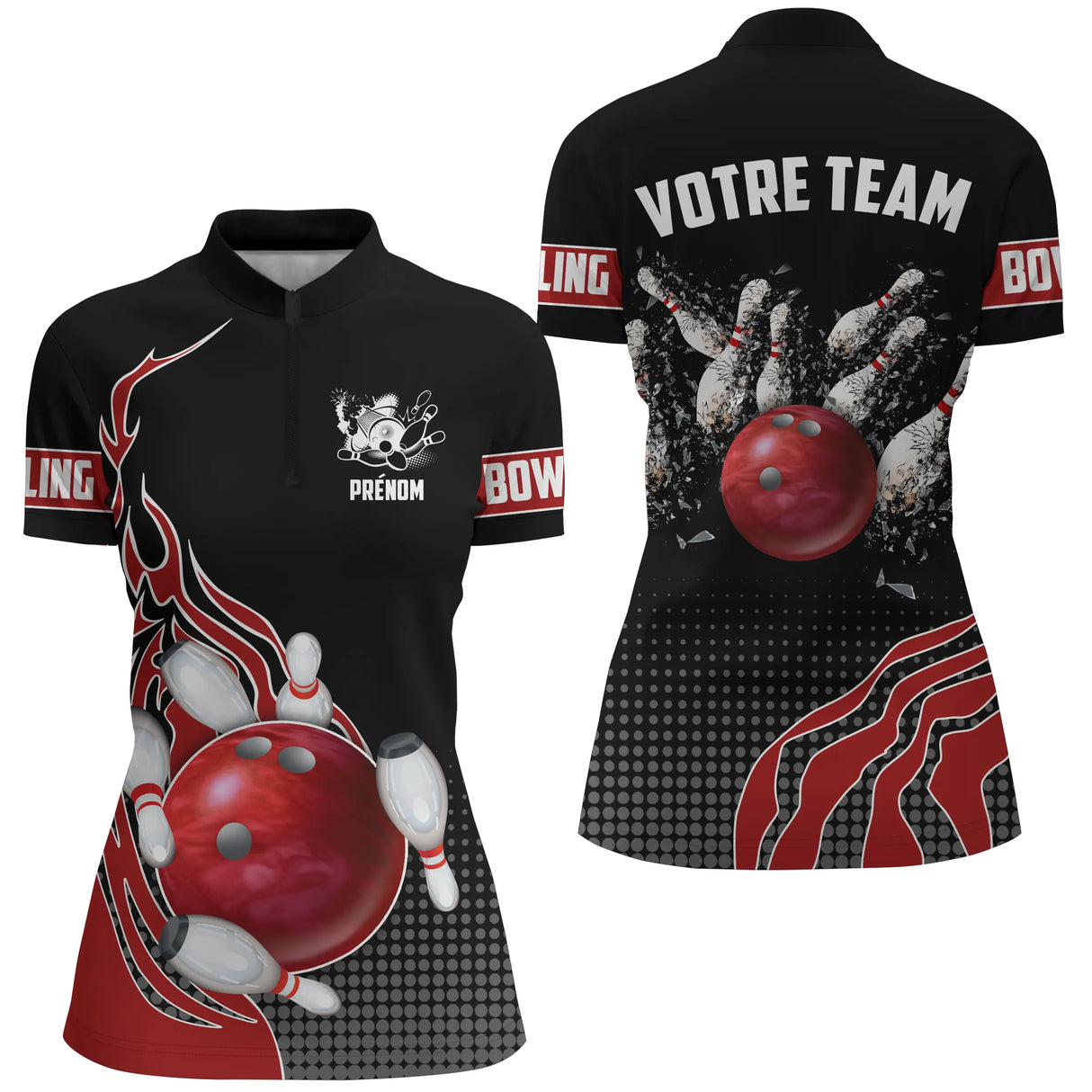 Polo Zippé Femme bowling personnalisé rouge avec boule et flammes design quilles et prénom