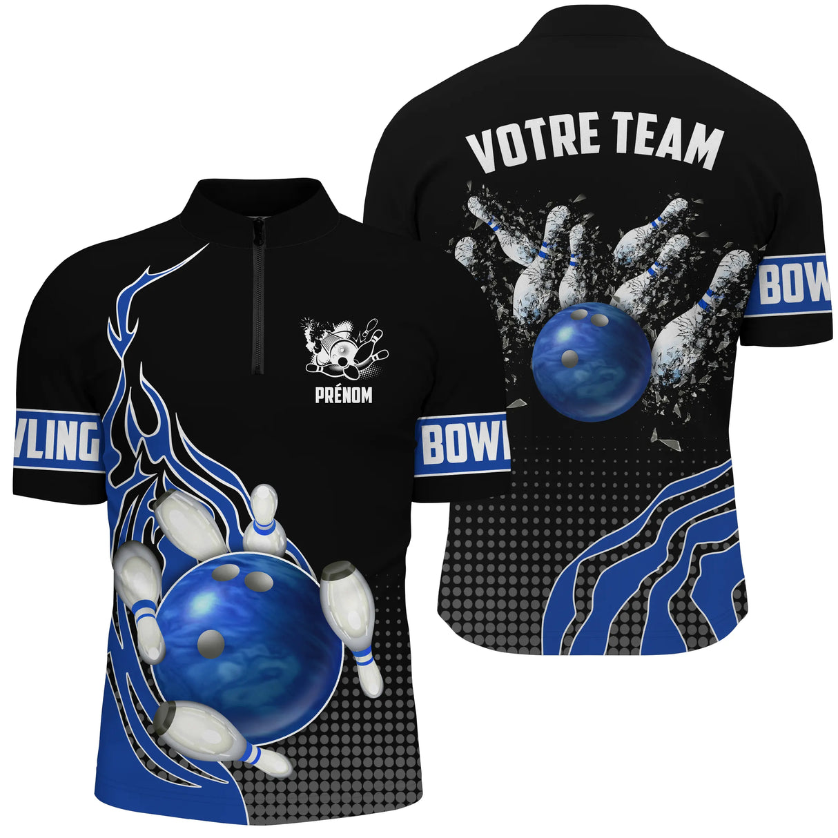 Polo Zippé Homme bowling personnalisé bleu avec boule de bowling et flammes prénom au torse