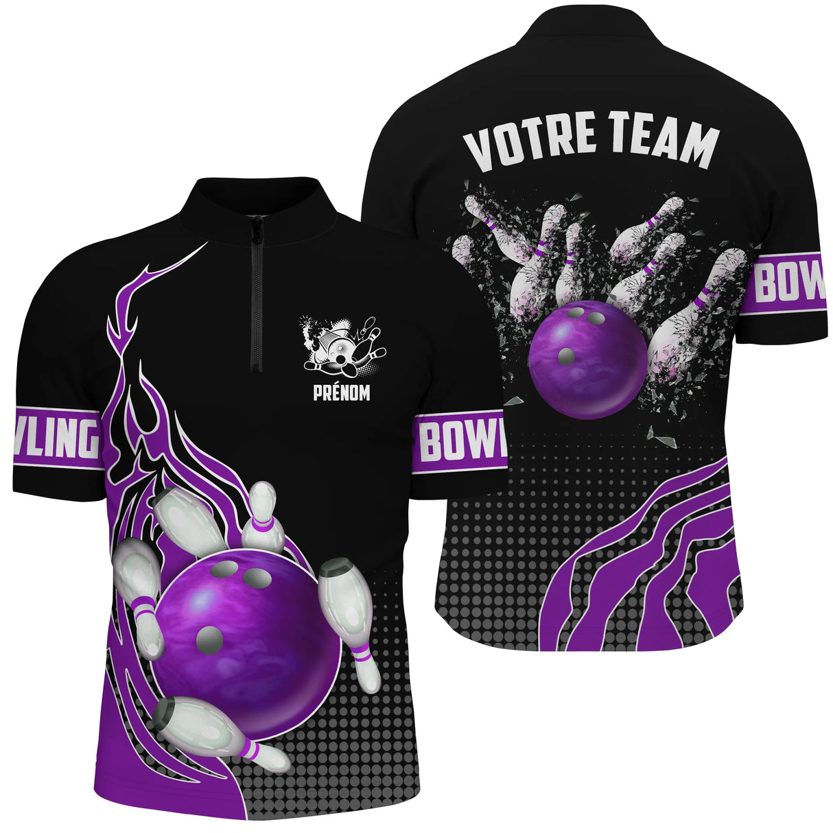 Polo Zippé Homme bowling personnalisé violet design boule et flammes nom d'équipe en grand