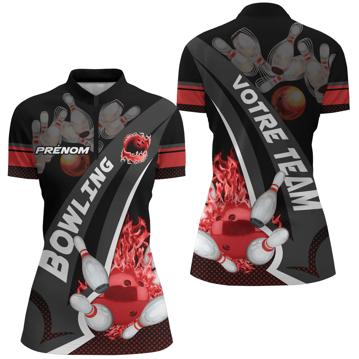 Polo zippé bowling personnalisé homme rouge et noir avec quilles enflammées et boule rouge sur le côté