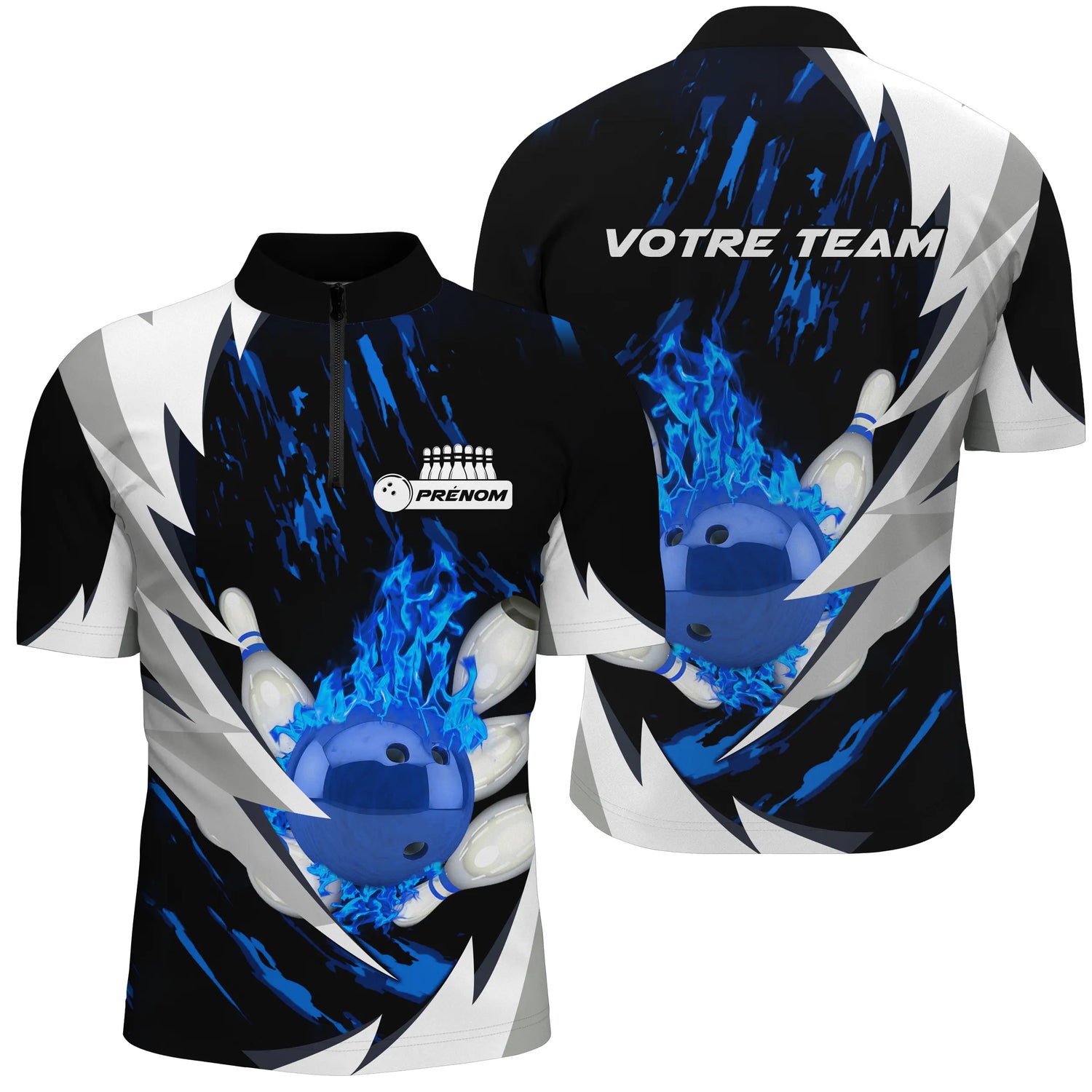 Maillot Bowling Personnalisé Homme & Femme – Design Flamme Rouge, Violette ou Bleue – Nom & Équipe Inclus - A05092409 - polo homme bleu