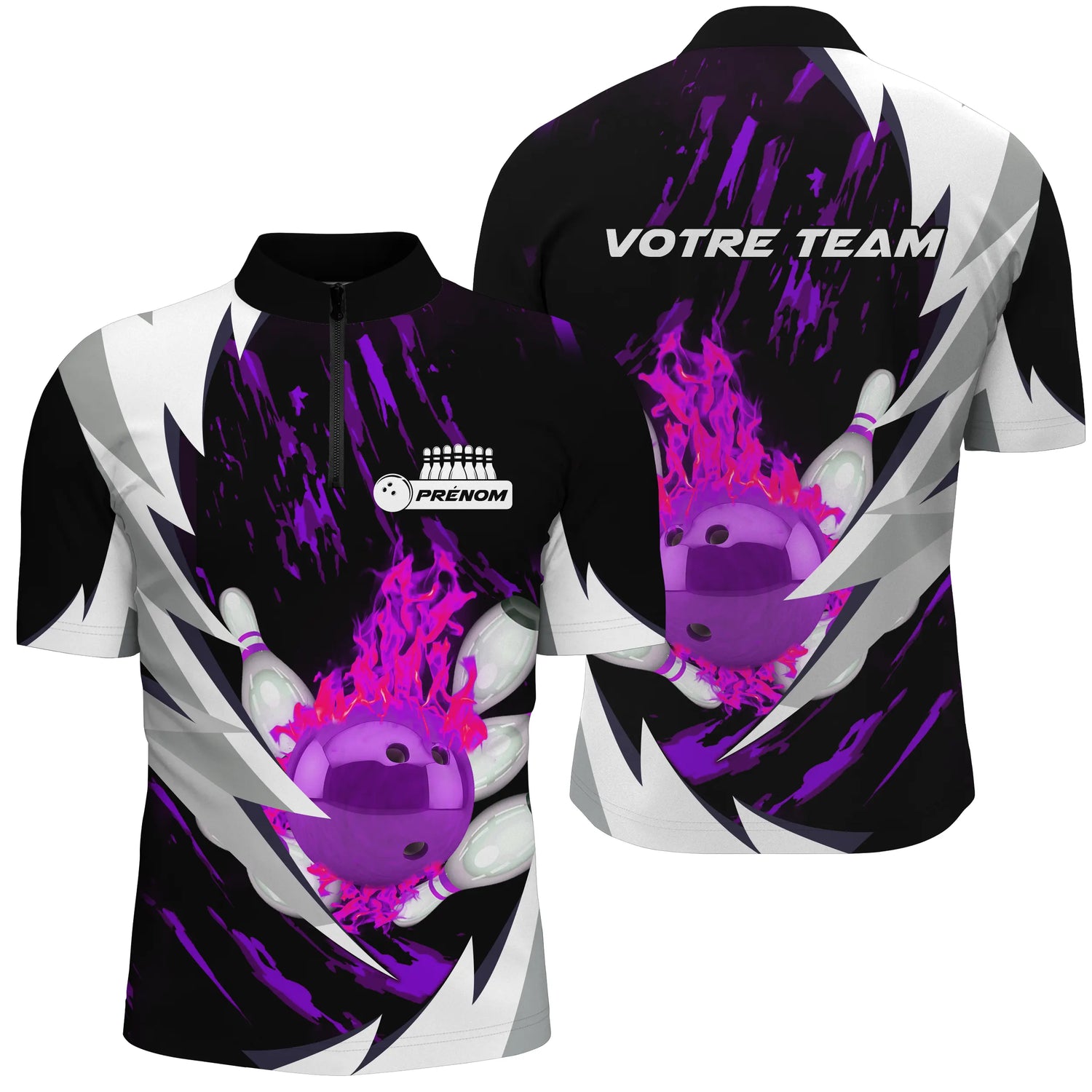 Maillot Bowling Personnalisé Homme & Femme – Design Flamme Rouge, Violette ou Bleue – Nom & Équipe Inclus - A05092409 - polo homme violet