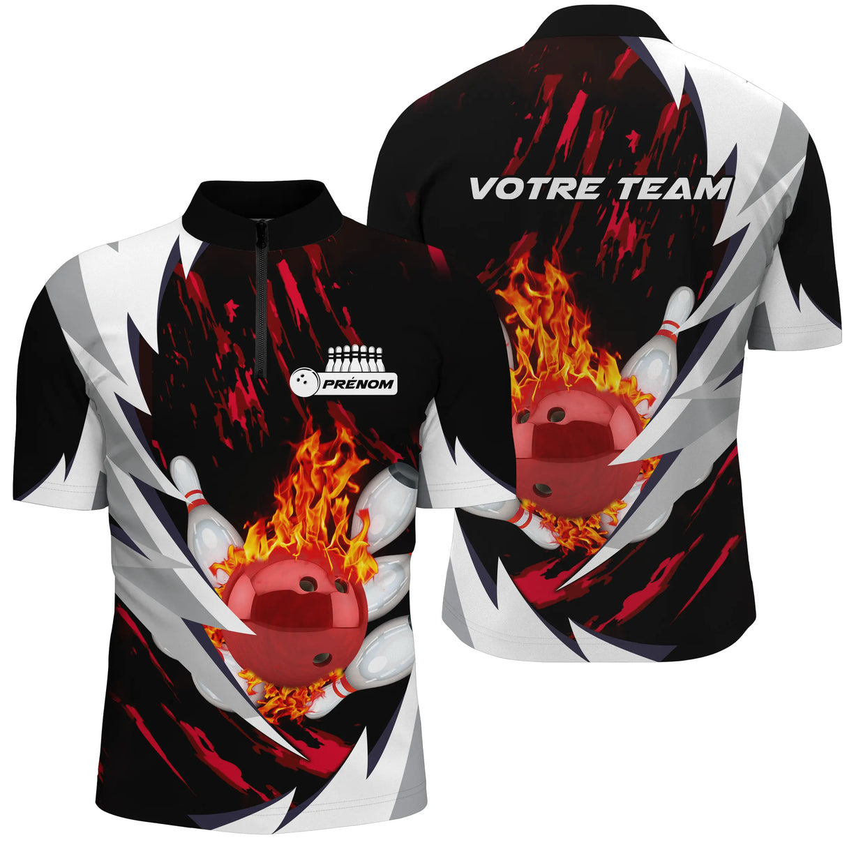 Polo zippé bowling personnalisé homme noir et rouge avec rayons dynamiques et boule rouge enflammée