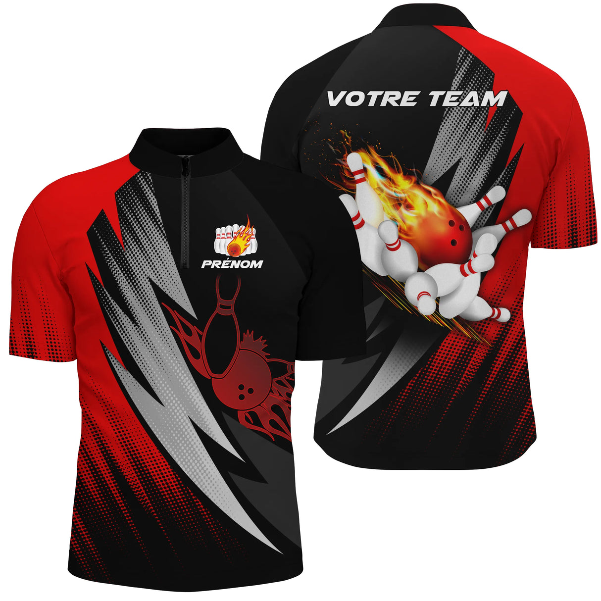 Polo zippé bowling personnalisé homme rouge et noir avec demi-tons et boule rouge enflammée orange