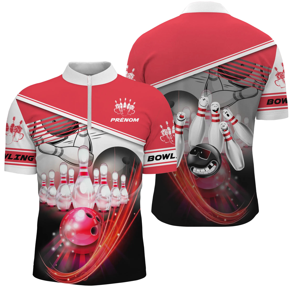 Polo zippé bowling personnalisé homme rouge et blanc avec couronne de quilles stylisées et boule rouge