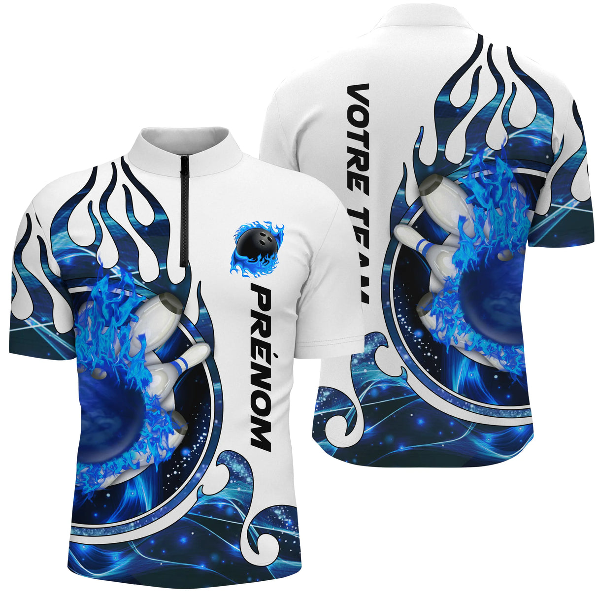 Polo zippé bowling personnalisé homme blanc et bleu avec flammes bleues stylisées et boule bleue médaillon