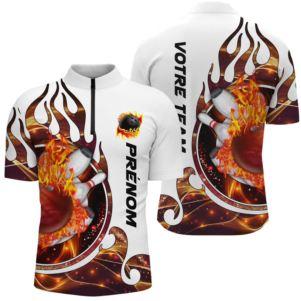 Polo zippé bowling personnalisé femme blanc et bleu en coupe ajustée avec flammes stylisées et boule bleue