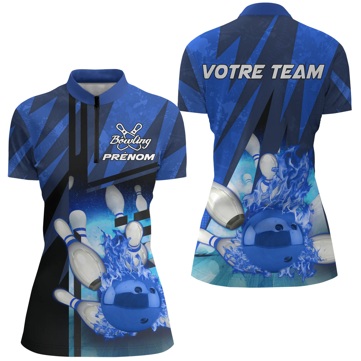 Polo zippé bowling personnalisé homme violet et noir avec flammes pourpres et boule violette projetant les quilles