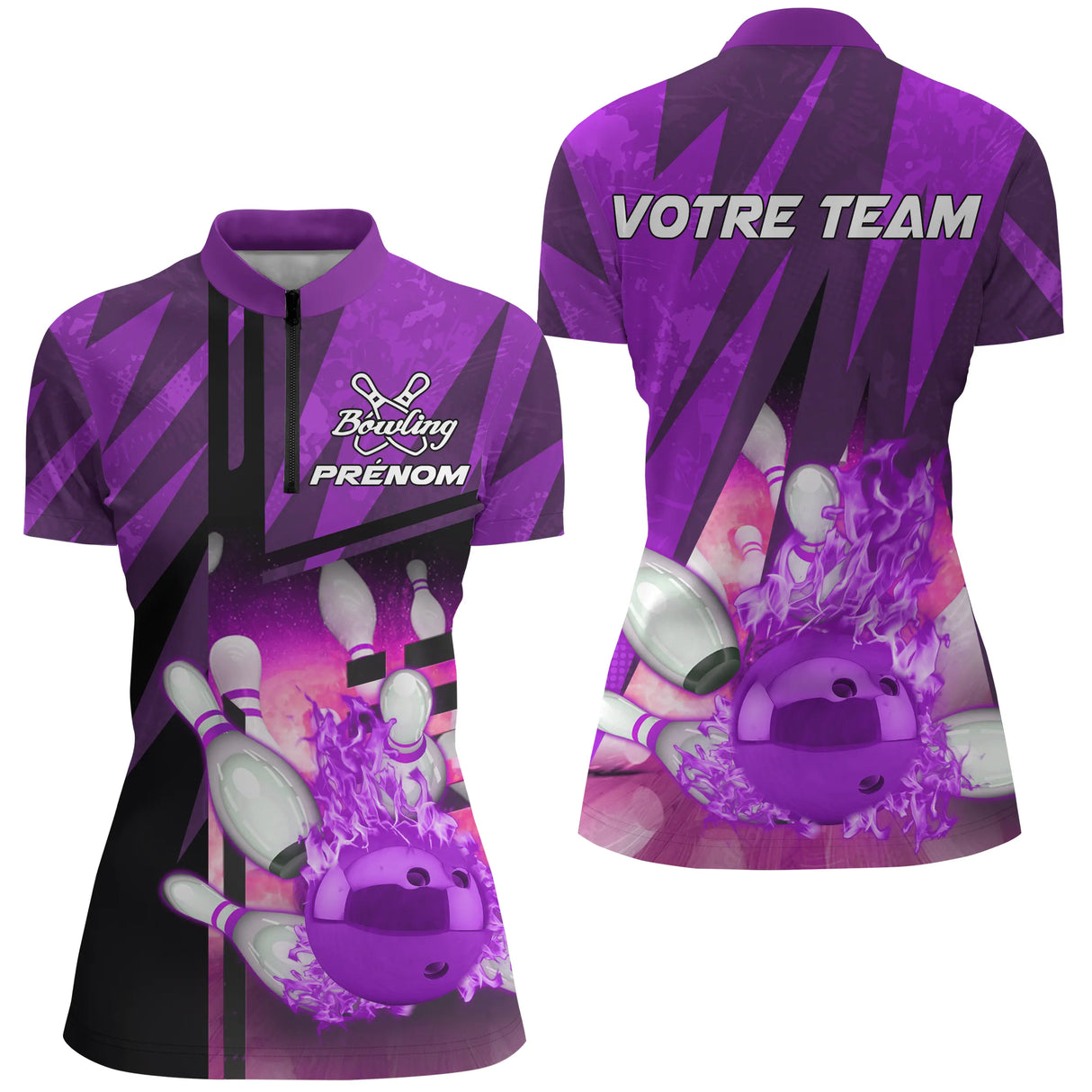 Polo zippé bowling personnalisé femme violet et noir en coupe ajustée avec flammes brillantes et boule violette