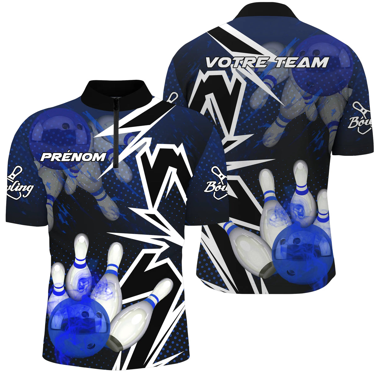 Polo zippé bowling personnalisé homme bleu marine et noir avec éclairs blancs et boule bleue enflammée