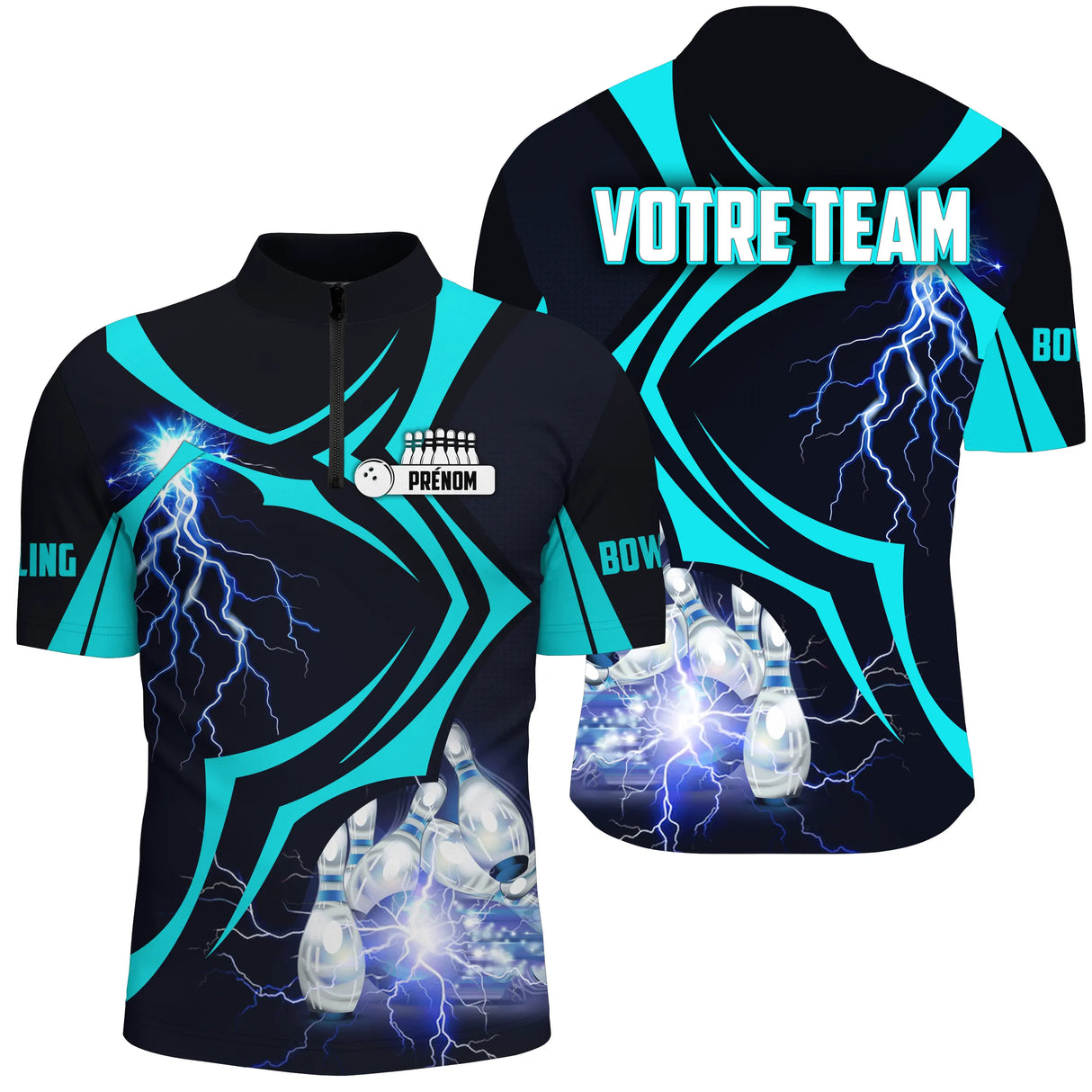 Polo zippé bowling personnalisé homme noir avec éclairs turquoise et quilles électrifiées sur la base