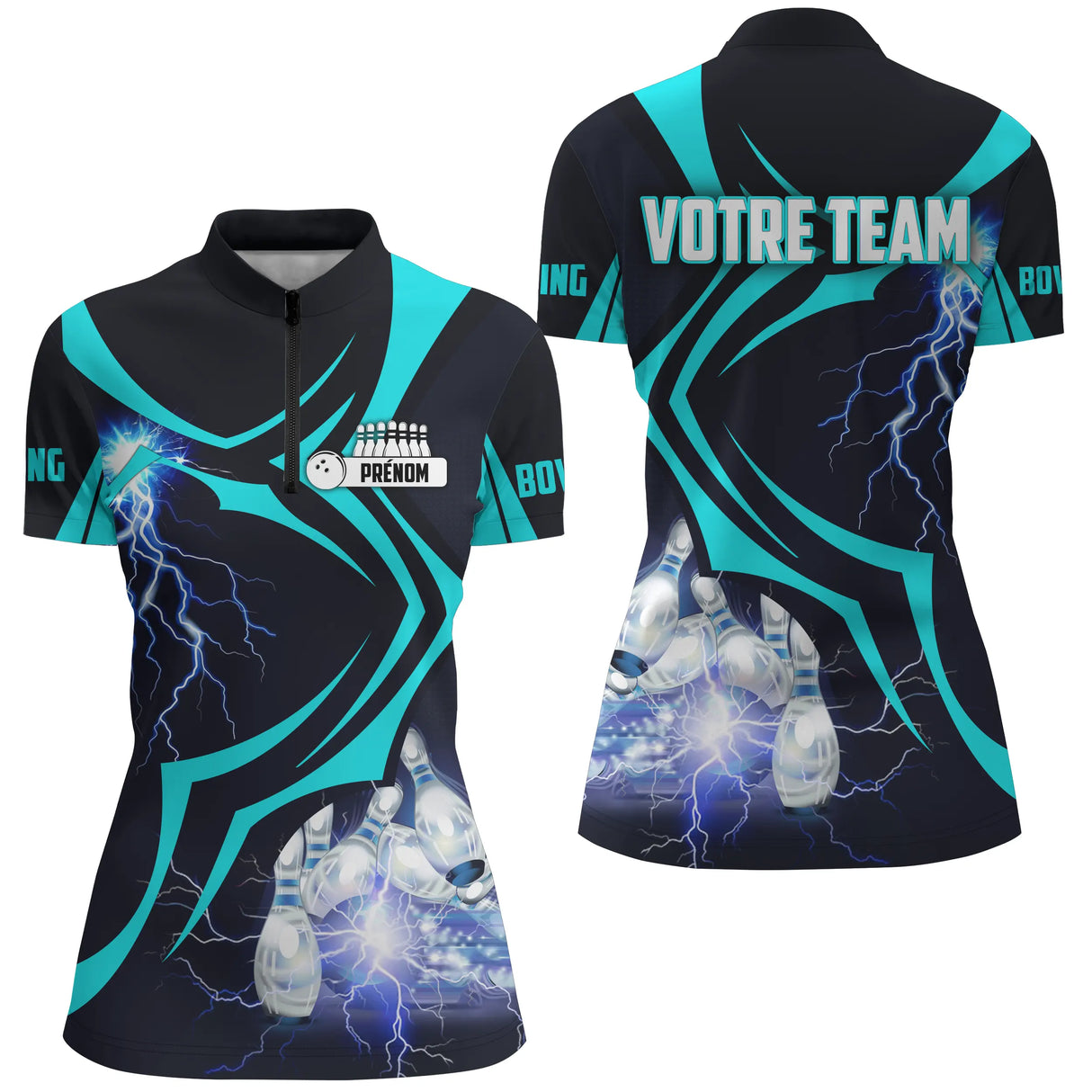 Polo zippé bowling personnalisé femme noir et turquoise en coupe ajustée avec éclairs lumineux et quilles