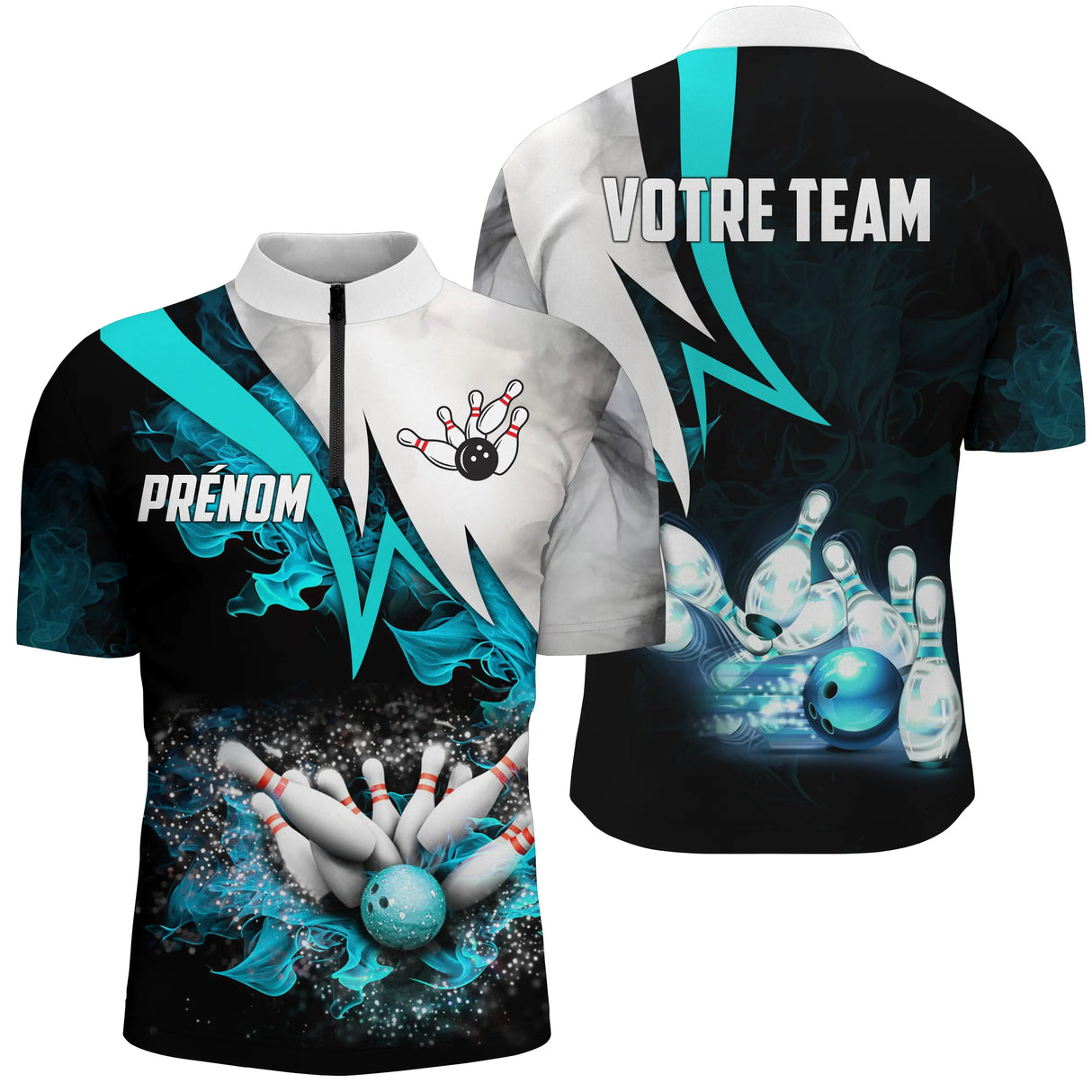 Polo zippé bowling personnalisé femme noir et turquoise en coupe ajustée avec flamme bleu-vert vif