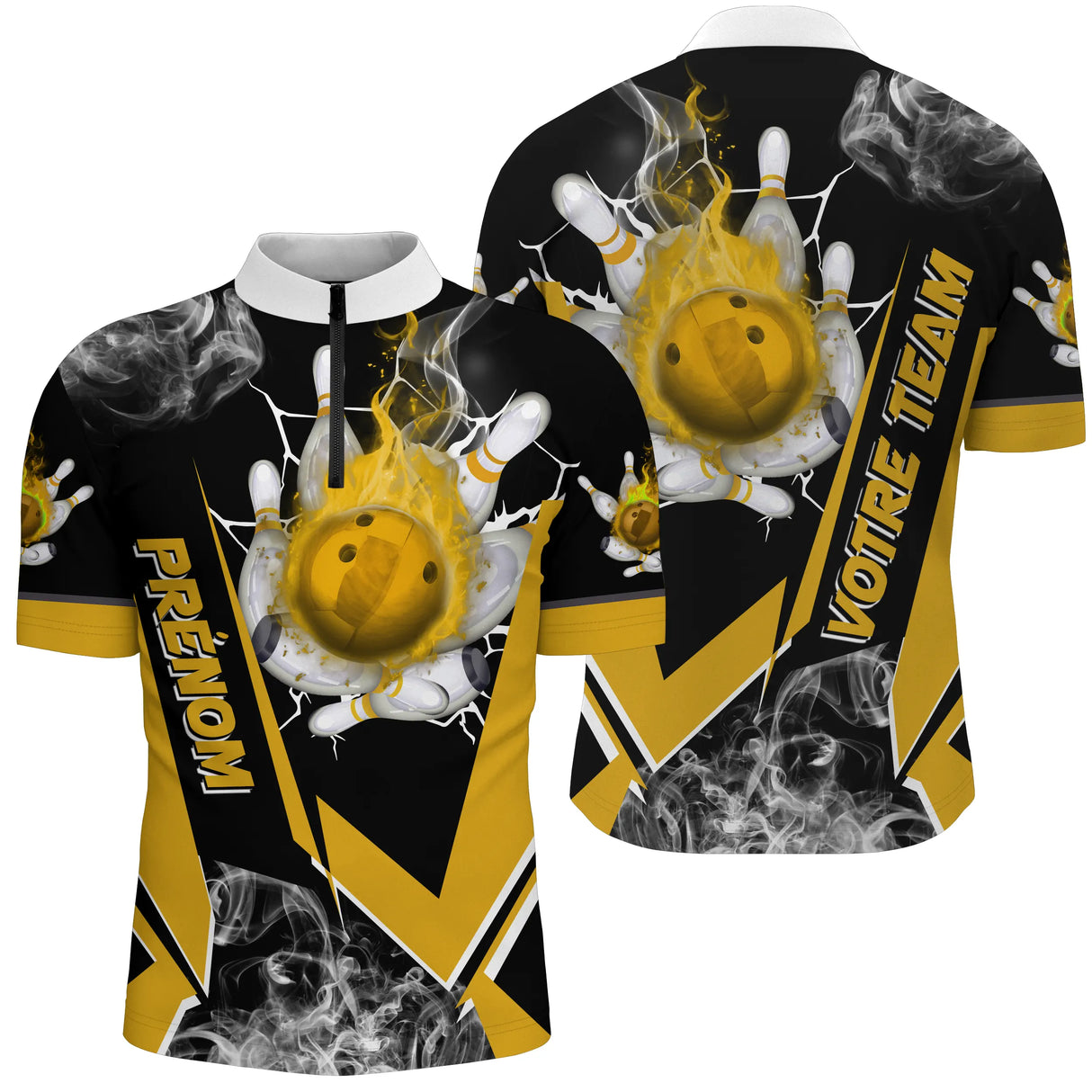 Polo zippé bowling personnalisé homme noir et jaune doré avec flamme et boule jaune projetant les quilles