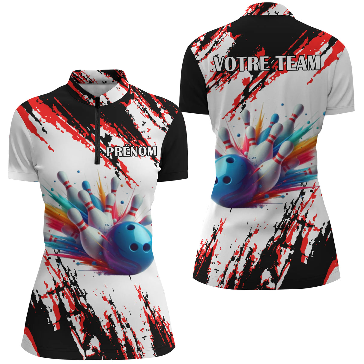 Polo zippé bowling personnalisé femme blanc noir et rouge en coupe ajustée avec design street art