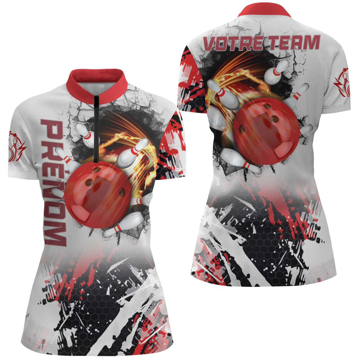 Polo zippé bowling personnalisé femme blanc et rouge avec éclaboussures graffiti et boule rouge enflammée