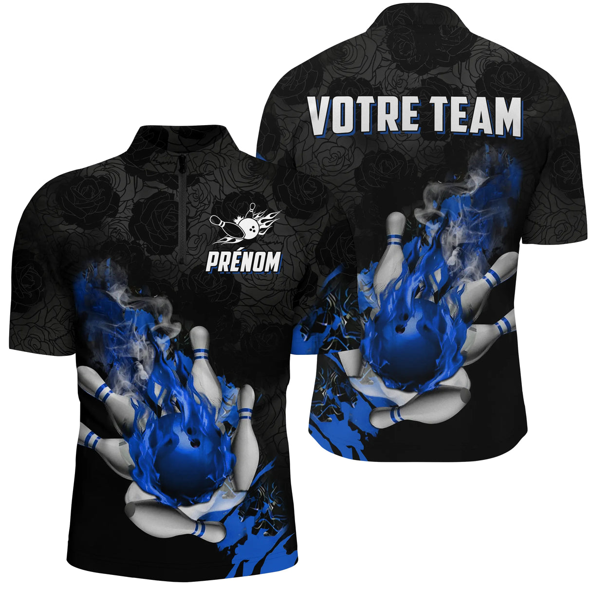 Polo zippé bowling personnalisé femme noir en coupe ajustée avec motif roses sombres et flamme rouge