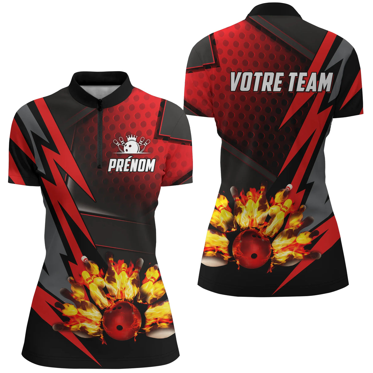 Polo zippé bowling personnalisé homme rouge et noir avec flammes orange et quilles enflammées sur la base