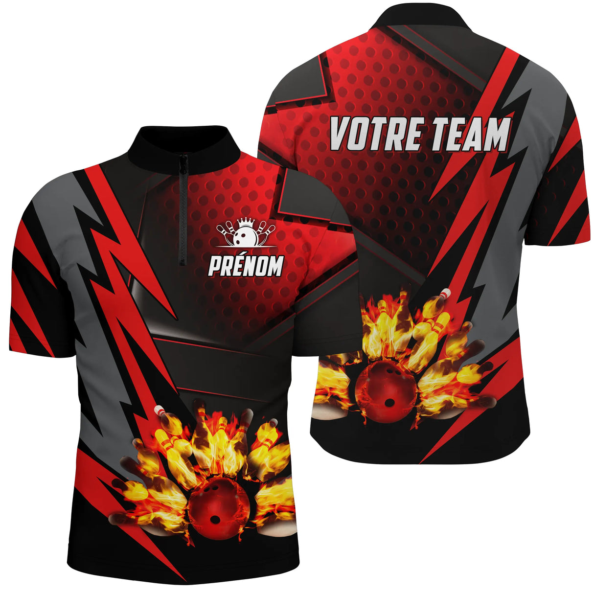 Polo zippé bowling personnalisé femme rouge et noir en coupe ajustée avec flammes orange et éclairs