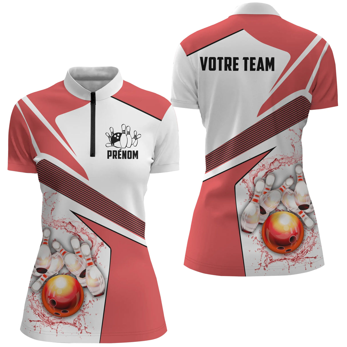 Polo zippé bowling personnalisé femme rouge corail et blanc avec panneaux contrastés, quilles et boule rouge