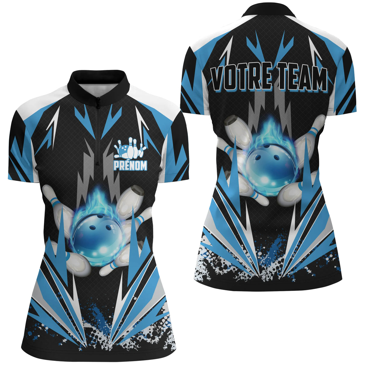 Maillot de Bowling Personnalisé - Homme & Femme - Votre Prénom & Équipe - Rouge, Bleu ou Violet - A05092424 - polo femme bleu